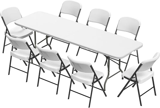 Elevon Folding Table Set with 8 White Folding Chairs,8 Feet Heavy Duty Fold-in-Half Utility Table Sets for Picnic, Event, Training, Outdoor Activities, at Home and Commercial Use