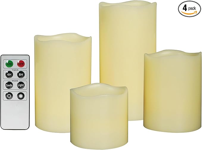 CANDLE CHOICE Real Wax Battery Operated Flameless Candles with Remote Automatic Daily Cycle Timers Realistic Flickering Electric LED Pillars Wedding Party Halloween Christmas Decorations 4 Pack Ivory