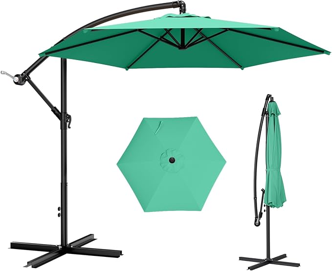 AreShark 10FT Patio Outdoor Umbrella, Offset Patio Umbrella Cantilever Umbrella, 6 Sturdy Ribs, Easy Adjustment for Garden Market Pool with Cross Base (Peacoke Blue)