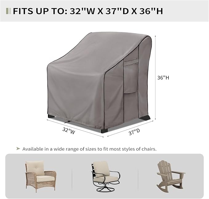 KylinLucky Deep Seat Patio Chair Covers 2-Pack 32"x37"x36" 600D, Heavy Duty Waterproof Outdoor Chair Protectors with Windproof System, Grey