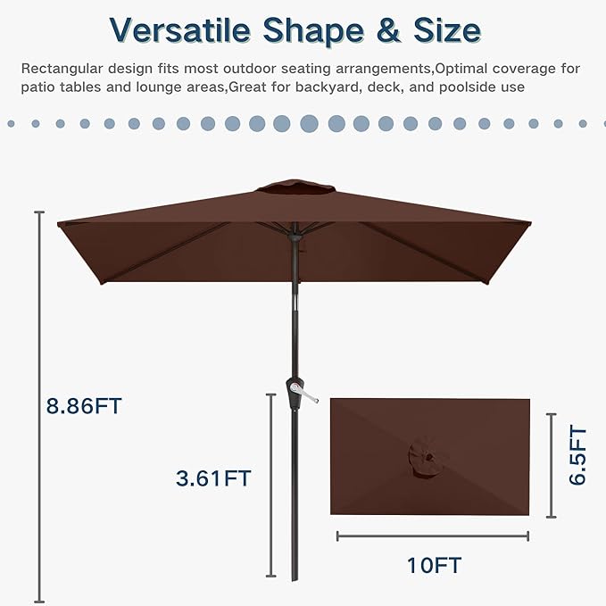 6.5'x10' Rectangular Patio Outdoor Umbrella,Large Coverage with Push-Button Tilt & UV Protection,Sturdy Ribs for Deck,Lawn,Pool,Backyard