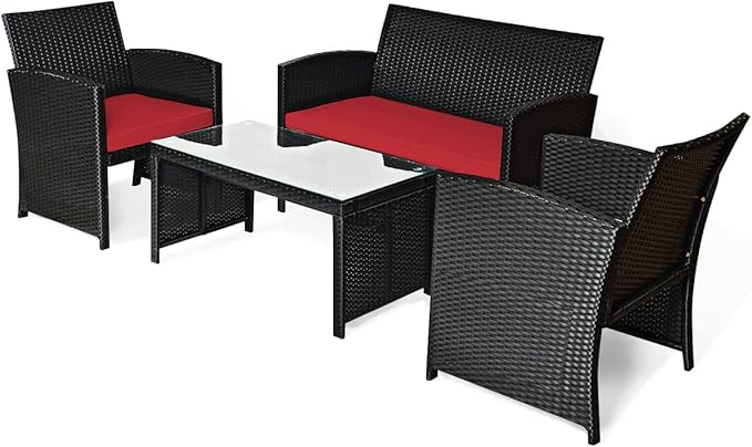 COSTWAY 4 Pieces Patio Rattan Furniture Set, Outdoor Wicker Conversation Set with Soft Cushions & Tempered Glass Coffee Table, Cushioned Chair Sofa for Backyard, Porch, Poolside, Lawn, Garden, Red