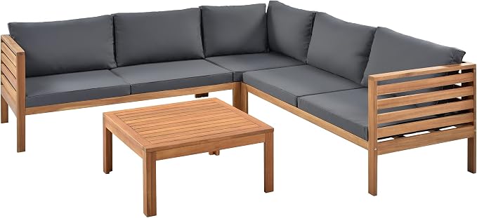 L-Shaped Wood Structure Outdoor Couch & Coffee Table,Sturdy Outdoor Conversation Sectional Sofa with Cushions,Elegant Outdoor Chaise Lounge,Patio Furniture Set For Garden,Poolside,Balcony,Gray