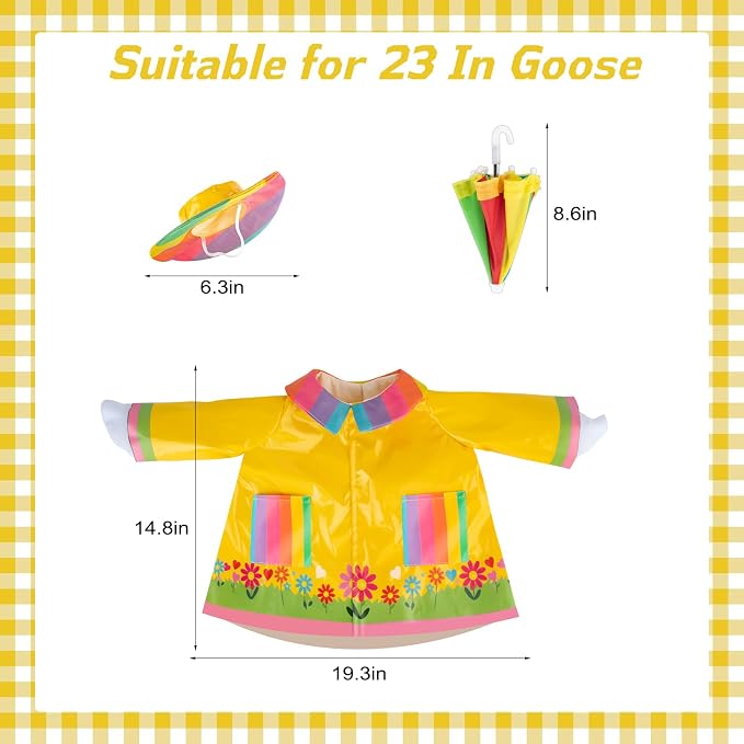 Raincoat Porch Goose Outfits, Spring Goose Clothes for Garden Decor | for 23" Cement/Plastic Goose Statue, Rainy Season Porch Goose Clothes & Umbrella & Hat, Lawn Goose Decor for Yard Statues