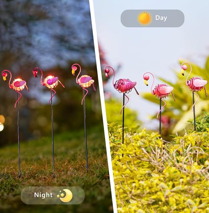 Stargarden 3 Pack Flamingo Solar Lights, Metal Garden Stakes Figurine Lights, Decorative Waterproof Yard Decorations for Pathway, Patio, Outdoor