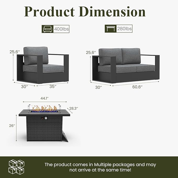 LayinSun Oversized Aluminum Outdoor Furniture Set, 4 Piece Patio Sofa Sets with Fire Pit Table, Deep Seating and Upgraded 6-inch Cushions for Porch, Balcony, Deck