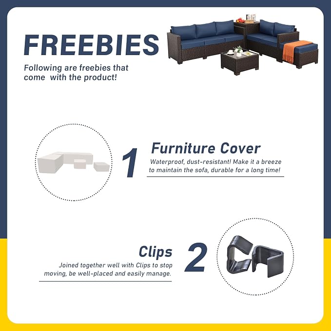 Valita Patio Furniture Set with Storage Box 5 Pieces Brown Wicker Outdoor Couch Sectional with Glass Table and Non-Slip Cushions and Furniture Covers, Navy Blue