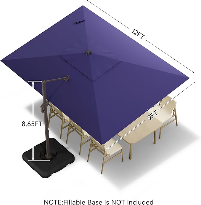 9x12 FT Cantilever Patio Umbrella, Large Rectangular Offset Outdoor Umbrella with 360° Rotation, Heavy Duty Shade Umbrella for Garden Backyard Deck Poolside Courtyard, Navy Blue