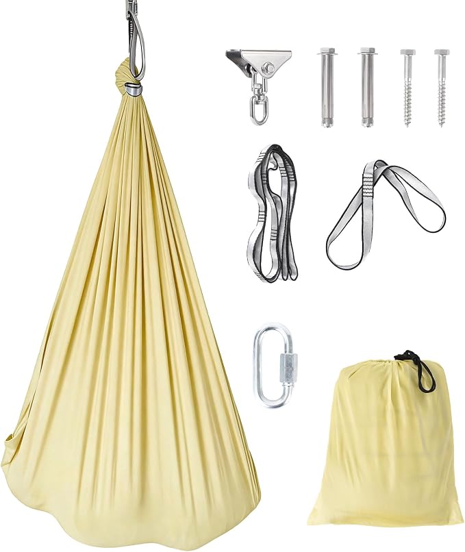 PrecisionAuto Dual-Layer Cotton Sensory Hammock Swing for Kids & Adults – Calming Compression Therapy, 360° Swivel, Heavy Duty, Indoor Outdoor, Supports 300 lbs, Autism Yoga, Light Yellow