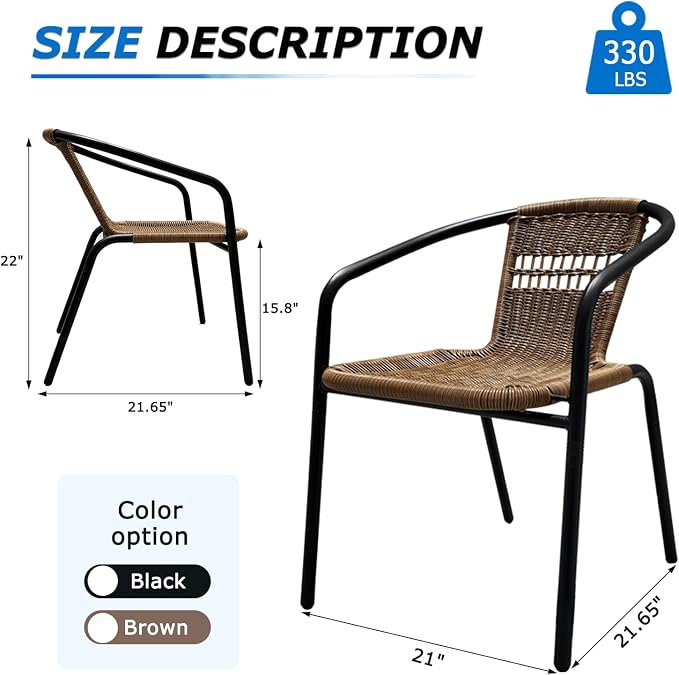 4 Pack Brown Stackable Outdoor Rattan Chairs, All-Weather Patio Seating for Balcony Porch Lawn, Small Patio Furniture Set for Front Porch Decor & Outdoor Spaces