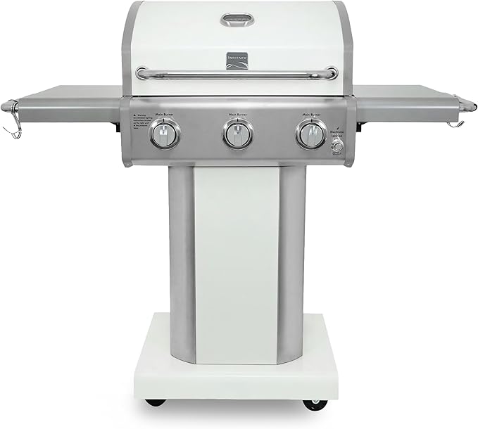 Kenmore 3-Burner Outdoor BBQ Grill | Liquid Propane Barbecue Gas Grill with Folding Sides, PG-A4030400LD-PE, Pedestal Grill with Wheels, 30000 BTU, Pearl White