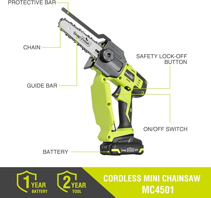 SnapFresh Mini Chainsaw Cordless 5” & 6”, 20V Electric Handheld Chainsaws with 2.0Ah Battery & Fast Charger, Lightweight Battery Powered Saw with 2 Chains for Wood Cutting & Branch Trimming