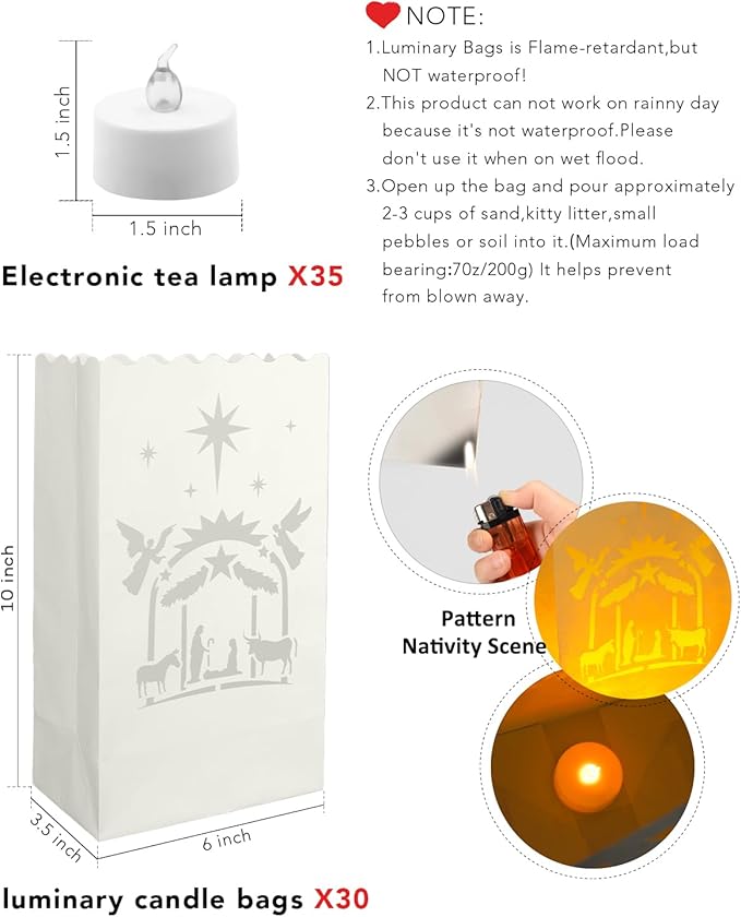AceList 30 Set Luminaries Bag with Flameless Candles, Flickering LED Tea Lights with Paper White Luminary Bags Battery Operation for Party, Halloween, Christmas Decoration (Nativity, Bag+Candle)