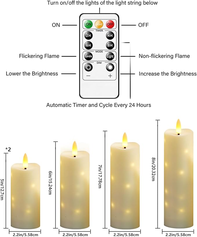 kakoya Outdoor Waterproof Flickering Flameless Candles with Timer,5Pcs Battery Operated LED Pillar Candles with Embedded Star String for Outdoor Lanterns,Porch,Patio Decor(Ivory)