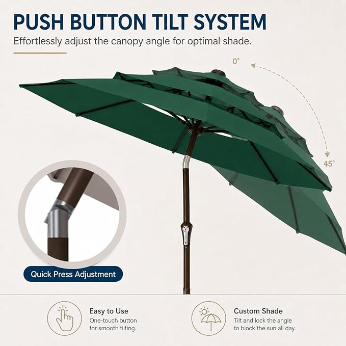 10ft Patio Umbrella, 3-Tier Vented Outdoor Table Umbrella with 8 Sturdy Fiberglass Ribs, Windproof Market Umbrella with Push Button Tilt and Crank, UV Protection for Deck, Pool, Forest Green