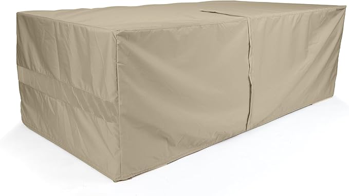 Covermates Elite Outdoor Rectangular Dining Table Cover – All-Weather Polyester, Mesh Vents, Adjustable Drawcord & Buckle Straps, with Umbrella Hole 72W x 42D x 25H, Khaki