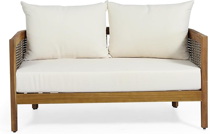 Merax Outdoor Acacia Wood Wicker Conversation Set 2 Seater with Loveseat and Coffetable for Backyard