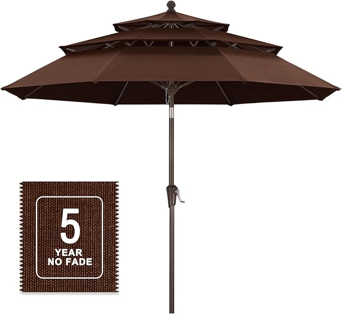MASTERCANOPY 9ft 3-Tier Olefin Patio Umbrella with Tilt Crank, 5-Year-Non-Fading Canopy & 8 Fiberglass Ribs for Deck, Patio, and Garden, Coffee