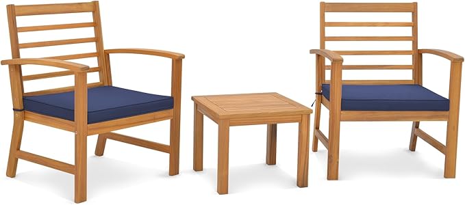Tangkula 3 Pieces Outdoor Furniture Set, Acacia Wood Conversation Set with Soft Seat Cushions, Stable Acacia Wood Frame, Patio Sofa & Coffee Table Set for Backyard, Porch, Poolside (Navy)