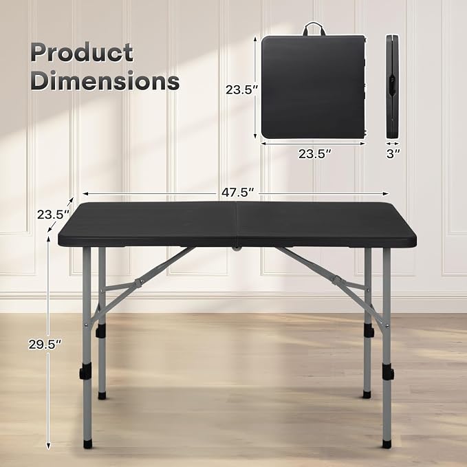 Athena Collection 4ft Folding Table, Lightweight Portable Desk with Handle, Square Foldable Plastic Table for Card Games, Collapsible Dining, Indoor Outdoor Camping Picnic & Party Use, Black