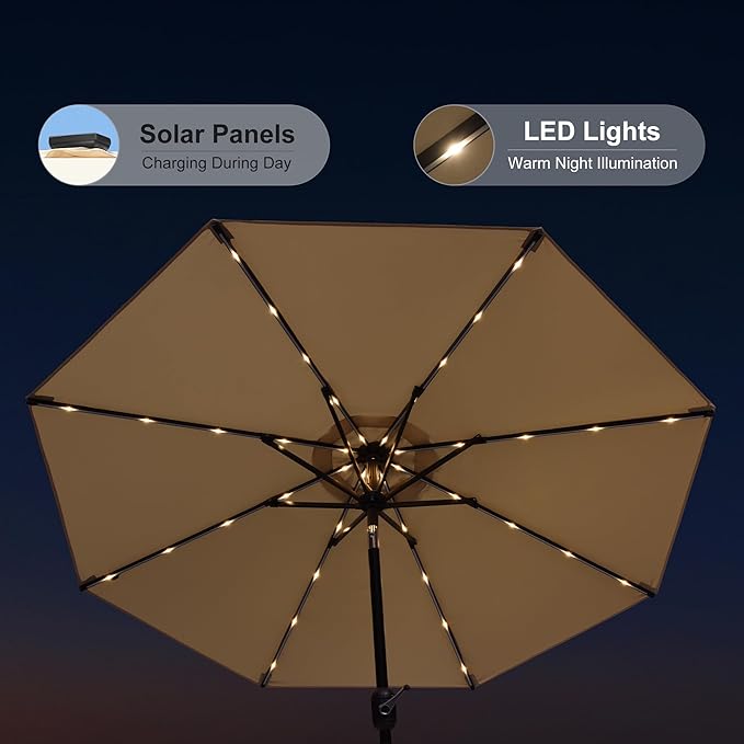 PURPLE LEAF 7.5' Round Patio Umbrella with Solar LED Outdoor Table Umbrella Aluminum Frame Market Umbrella with 8 Sturdy Ribs & Tilt for Garden Deck Lawn Pool Beige