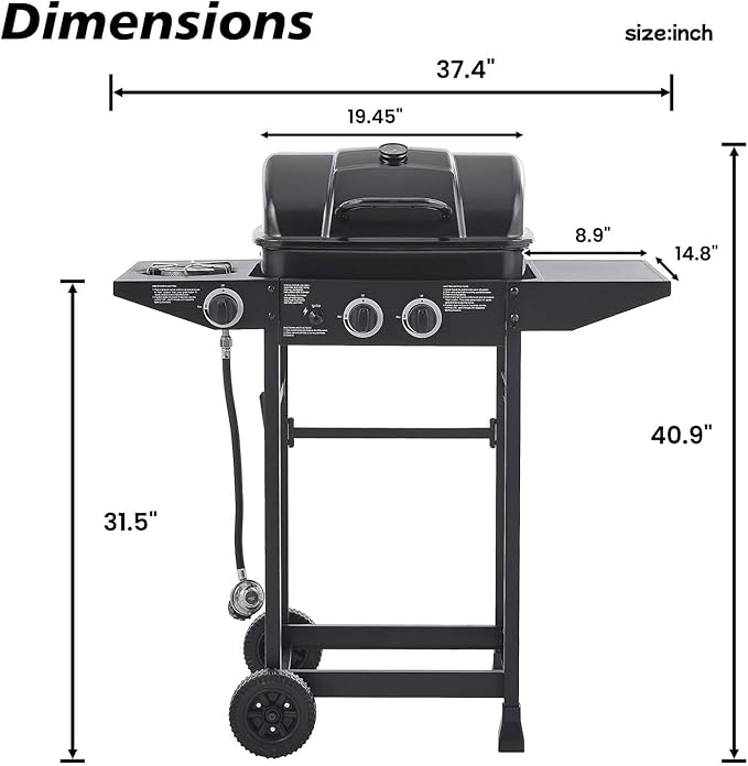 2-Burner Propane Gas BBQ Grill with Side Burner, 24,000 BTU Stainless Steel Barbecue Grill with Cast Iron Grates and Side Table for Outdoor Cooking Kitchen Patio