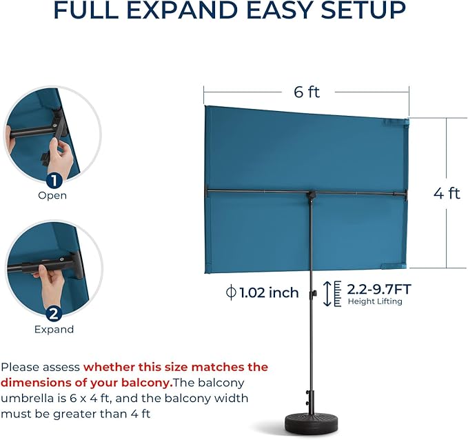 HOMSHADE 6x4ft Outdoor Balcony Umbrella - Flat Porch Pool Patio Umbrella Rectangular Canopy Shade UPF50+ UV Protection 360° Rotating & Tilting All Angles Applicable (Peacock Blue, No Base)