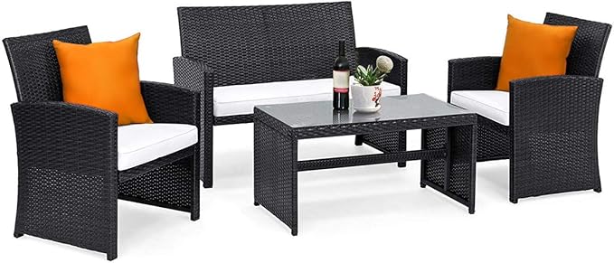 Tangkula 4PCS Patio Furniture Set with Coffee Table, Chairs, Cushions & Loveseat for Garden Balcony Backyard Chat Set Durable Handwoven Rattan Wicker Outdoor Patio Conversation Set, Black
