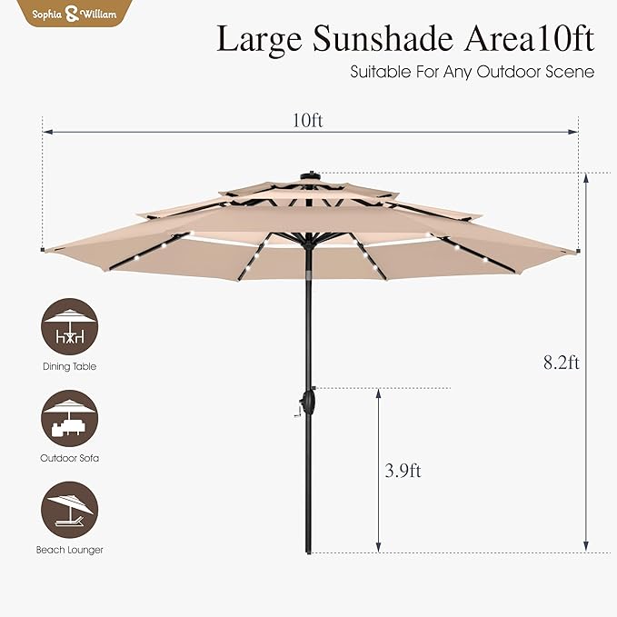 Sophia & William 10ft Patio Umbrellas 3-Tier Umbrella Outdoor Patio Umbrellas with Lights Vented Top 24 LED lights Adjustable Tilt for Pool Garden Backyard, Mixed Beige