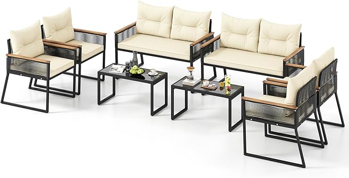Tangkula 8 Pieces Patio Wicker Furniture Set, Heavy Duty Outdoor Cushioned Conversation Set with Tempered Glass Coffee Table, for Garden, Yard and Poolside (Off White,4)