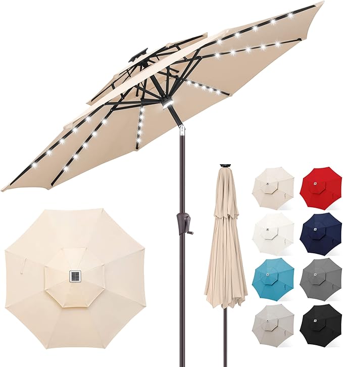 FLAME&SHADE 2 Tiers 9ft Solar Light Patio Umbrella, 40 LED lights outdoor umbrella with Centre Surround Light, Table Market Umbrella for Deck, Pool, Porch, Backyard, Garden (Beige)
