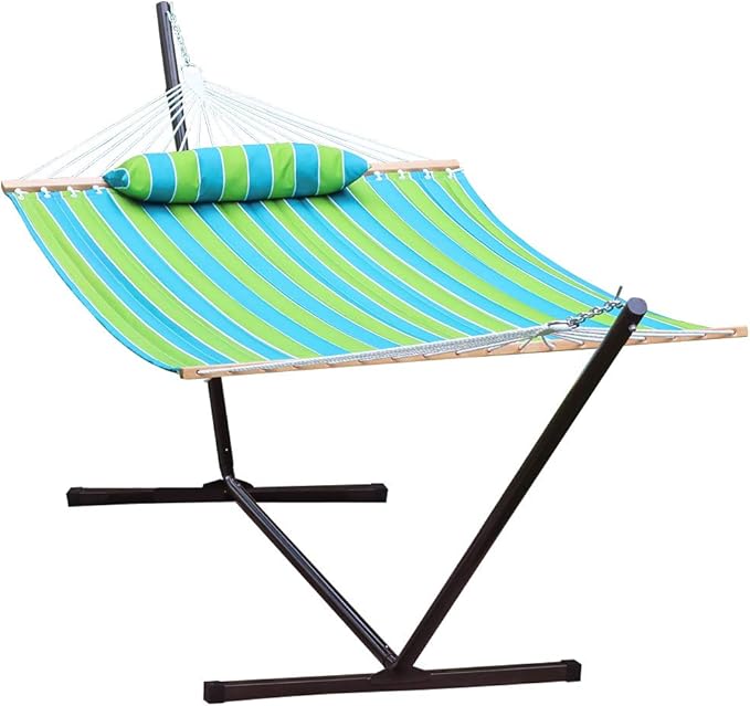 2 Person Outdoor Hammock with Curved Spreader Bar, Heavy Duty Hammock with Stand for Outside, Hamacas para Adultos with Pillow, Amacas for Garden, Backyard, Pool, Beach, Green Stripe