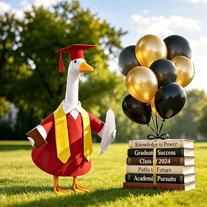 Graduation Porch Goose Outfit with Cap and Gown Stoles for 23" Porch Goose Holiday Outdoor Garden Patio Yard Lawn Art Decoration (Red)