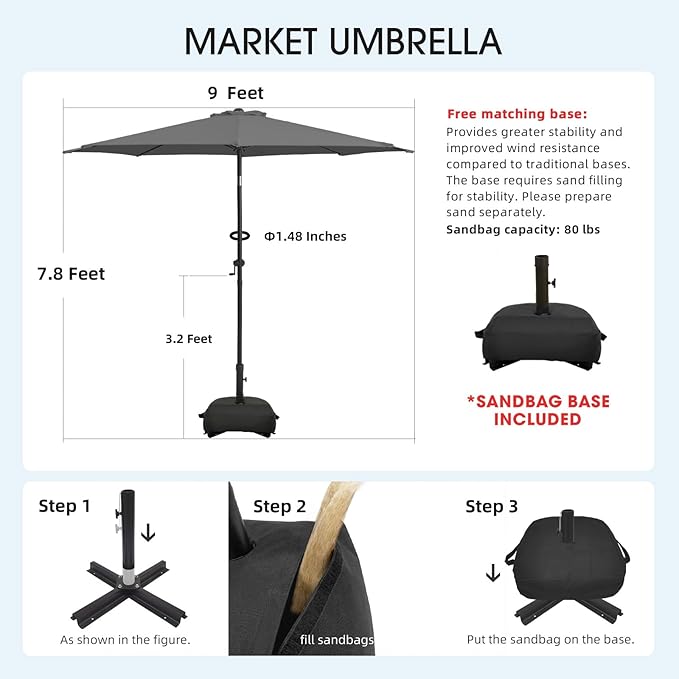 wikiwiki 9FT Patio Umbrella with Base, Outdoor Umbrellas with Base Included, 8 Sturdy Ribs, Waterproof Fade Resistant POLYESTER DTY Canopy for Deck, Lawn, Garden, Backyard & Pool, Dark Gray