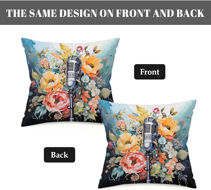 16x16 Inch Outdoor Pillow Covers Set of 2 Waterproof Throw Pillow Covers Decorative Couch Cushion Covers Microphone Floral Square Pillowcases Protectors for Patio Garden Sofa