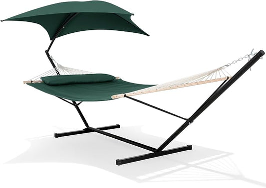 SUNCREAT Portable Outdoor Hammock with Stand, Canopy, Double Hammock with Stand for Outside, Patent Pending, Dark Green