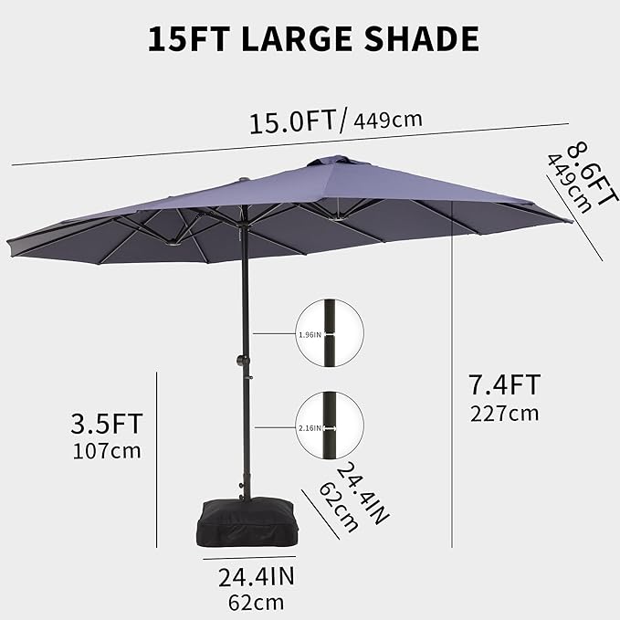 15FT Large Double Sided Patio Umbrella with Base, Aluminum Crank and Heavy Duty Carbon Steel Ribs Outdoor Umbrellas, Fade Resistant Rectangular Market Umbrella for Garden, Patio, Restaurant, Business, Deck, Backyard, Navy Blue