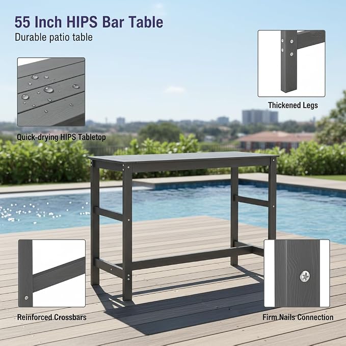 5Pcs Poly Lumber Outdoor Patio Bar Set, All Weather HIPS Bar Table and Chairs Set for Outside, 55" Rectangular High Top Bar Table with 4 Bar Stools for Patio, Poolside, Balcony, Hot Tub, Black