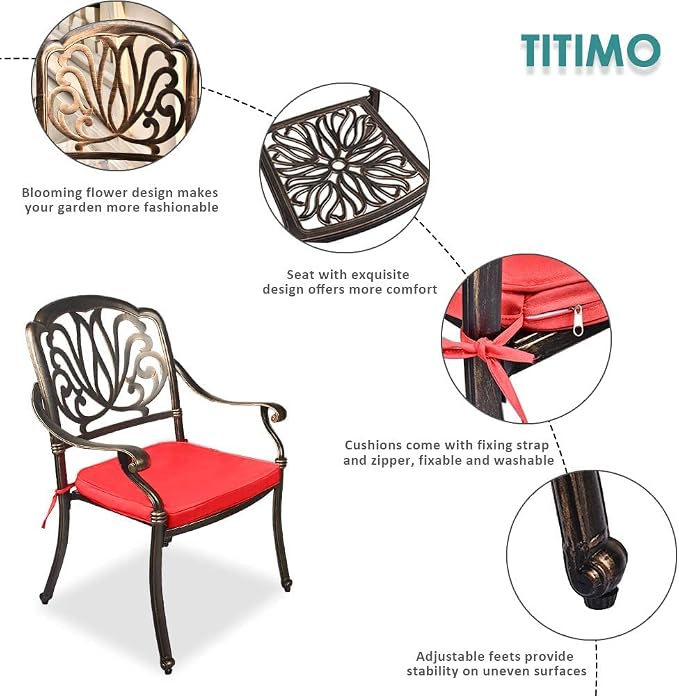 TITIMO 7-Piece Cast Aluminum Patio Dining Set, Outdoor Dining Furniture Patio Conversation Set, Rectangular Table w/Umbrella Hole for Backyard Deck Poolside (Red-Fixed Elizabeth Chair, 7 Pcs)