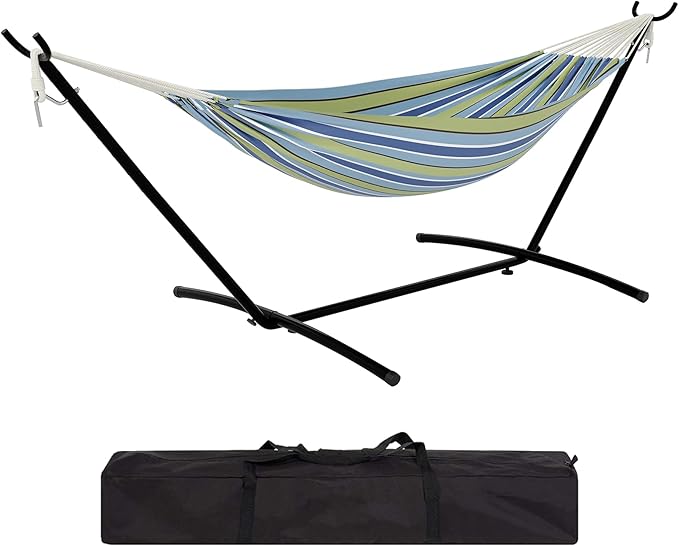 Hammock with Heavys Duty Stand – 500 LBS Capacity, Portable Hammock Set for Outdoors, Patio, Garden, and Camping – Premiums Cotton & Polyester Fabric, Includes Carrying Bag(Blue Stripe)
