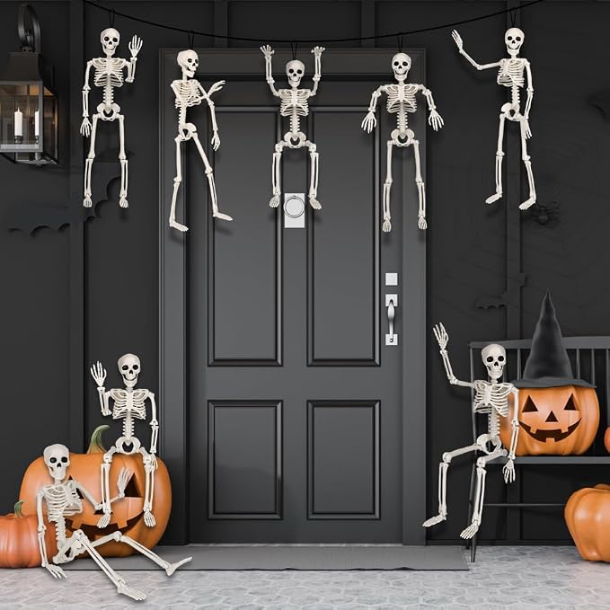 XIMISHOP 8pcs Posable Halloween Hanging Skeleton Decoration, 16" Full Body Skeleton With Movable Joints for Graveyard Haunted House Decor Indoor Outdoor