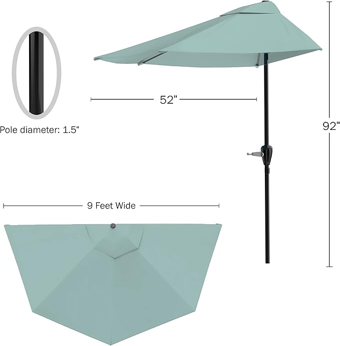 Half Umbrella Outdoor Patio Shade - 9 ft Patio Umbrella with Easy Crank - Small Canopy for Balcony, Table, or Deck by Pure Garden (Light Green)
