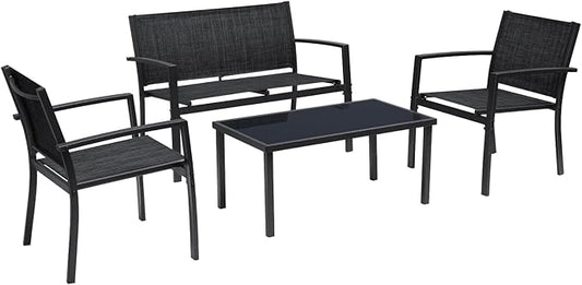 Greesum 4 Pieces Patio Furniture Set Outdoor Conversation Textilene Fabric Chairs for Lawn, Garden, Balcony, Poolside with A Glass Coffee Table, Black