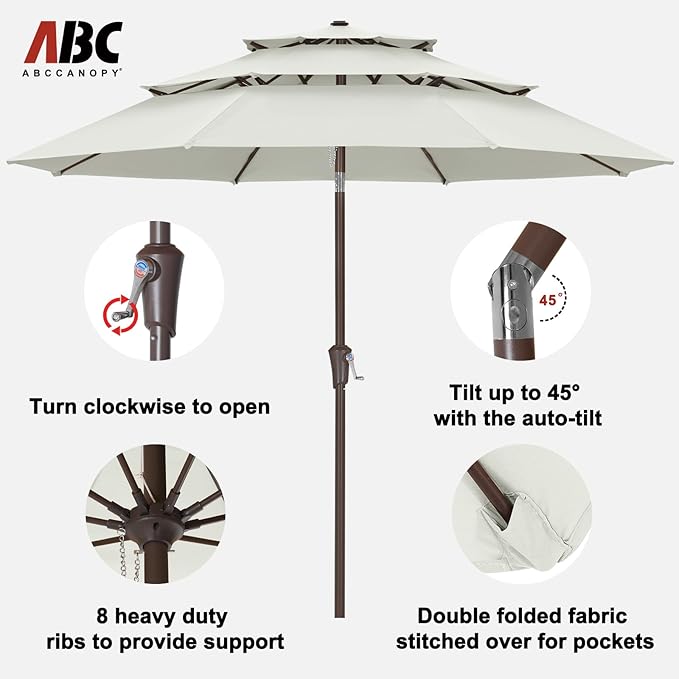 ABCCANOPY 11Ft 3 Tiers Market Umbrella, Outdoor Table Umbrella for for Patio, Deck, Backyard (Light Beige)