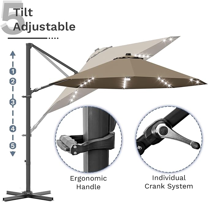 Devoko 10ft Solar LED Patio Umbrella, Round Cantilever Outdoor Umbrella with Solar Lights and 360-Degree Rotation, Large Hanging Offset Market Umbrella with Easy Tilt for Patio Deck Garden,Brown