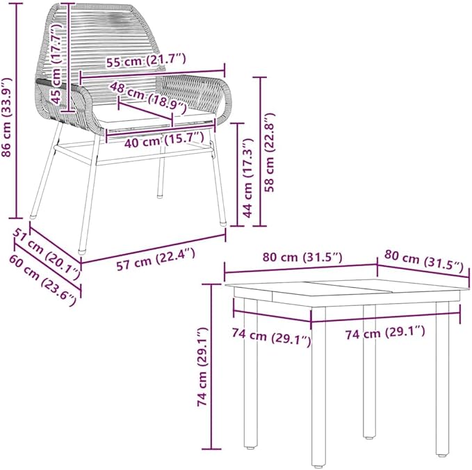 vidaXL 3-piece Poly Rattan Patio Dining Set with Cushions - Brown Seating, Black Glass Table, Perfect for Outdoor Garden Lawn Backyard Relaxation