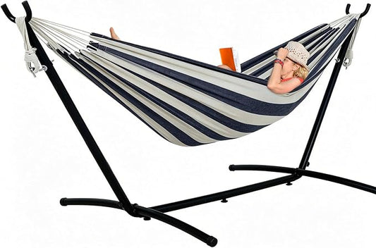 Lazy Daze Portable Hammock with Stand, Free Standing Hammocks for Indoor Outdoor Patio Yard, Has a Carrying Bag and Pillow, 9ft Hamacas Heavy Duty 2 Person Amaca 450 lbs Capacity(Black White)