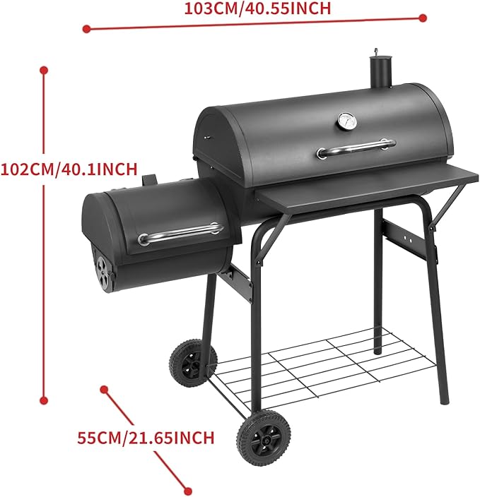 Kendane Barrel Charcoal Grill with offset smoker,550 Square Inches Cooking Area, Outdoor BBQ Grill with Front Shelf, Perfect for Backyard, Patio Parties and Picnics.