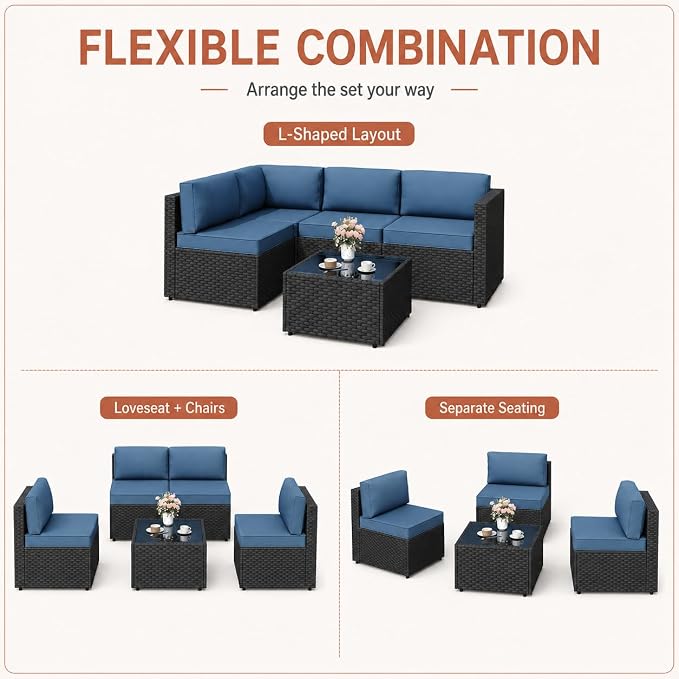 JAMFLY 5-Piece Patio Furniture Set, Outdoor Wicker Sectional Sofa with 4-Inch Thick Cushions & Coffee Table, All-Weather PE Rattan Conversation Set for Backyard, Garden, Poolside, Aegean Blue