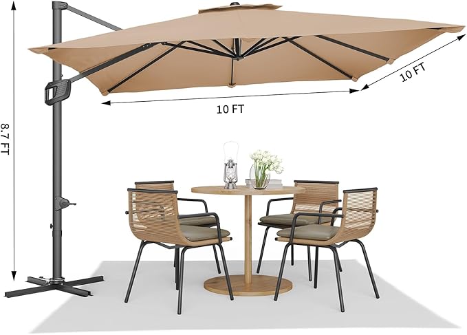 GarveeHome Cantilever Patio Umbrella 10x10ft Large Rectangle Umbrella Outdoor Market Umbrellas 360 Rotation Offset Hanging Outdoor Shade for Patio Deck Pool Backyard